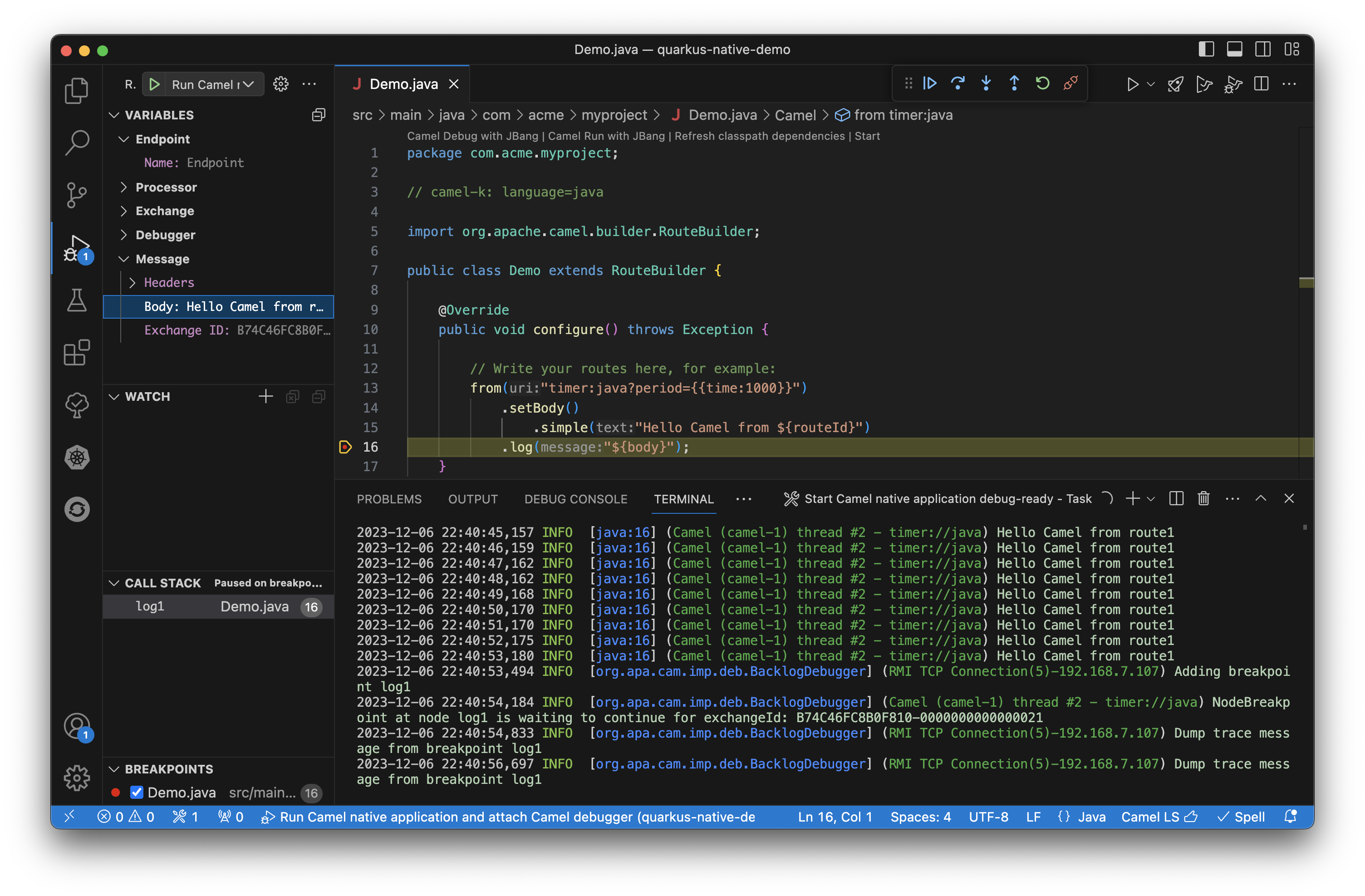 Set a breakpoint in a Camel Route